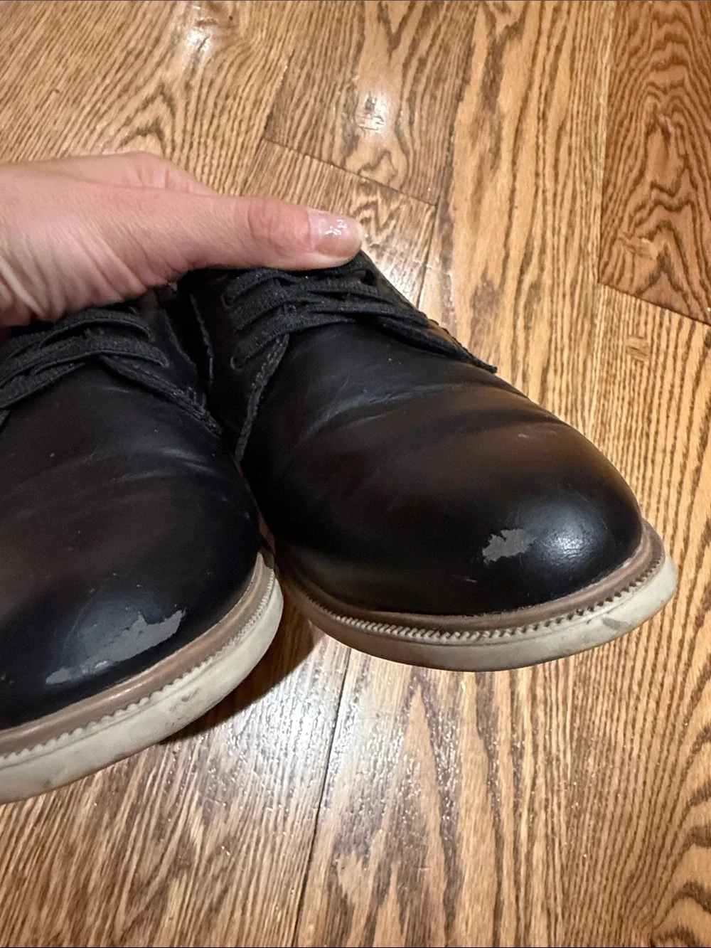 Boys Black Leather Laced Slip On Dress Shoes with Tan Accent size 1M